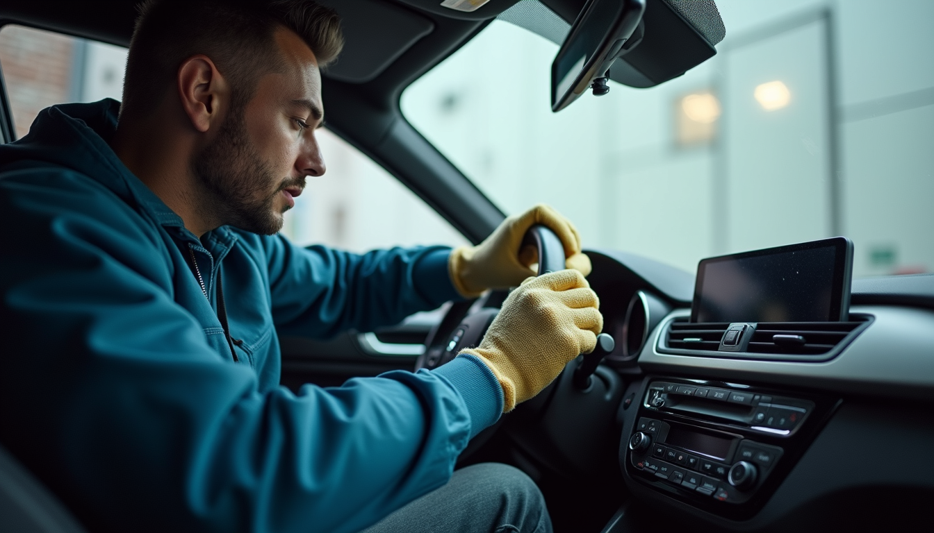 Eye-level view of a professional valeter cleaning a car interior