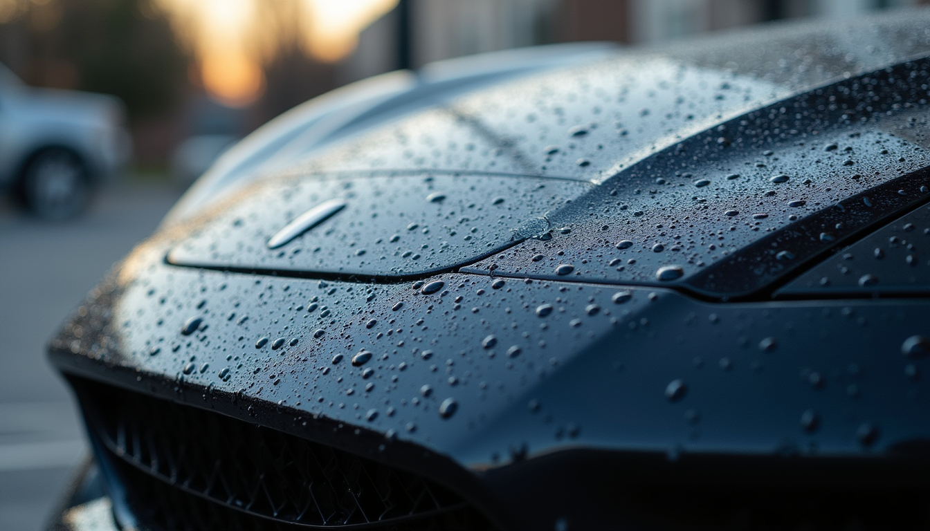 Close-up view of a shiny car hood with water beading off