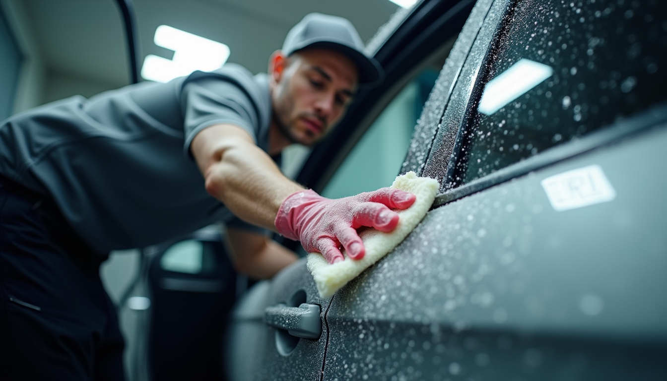 Eye-level view of a professional valeter cleaning a car interior