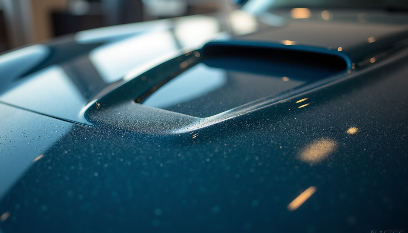 Close-up view of a shiny car hood with ceramic coating applied