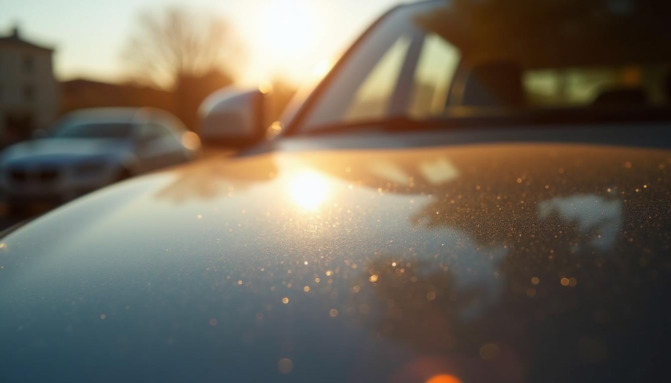 Close-up view of a ceramic-coated car surface reflecting sunlight