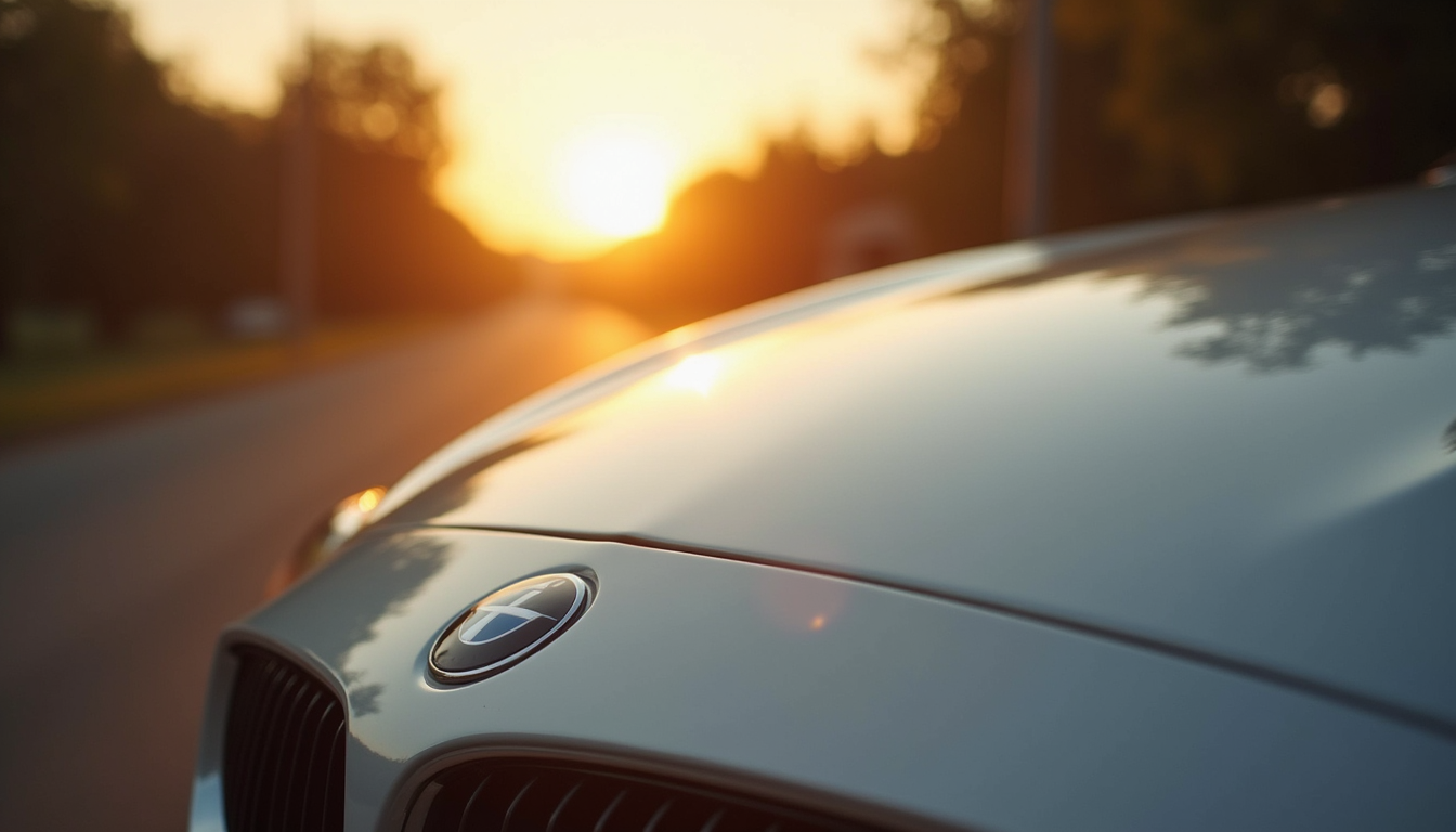 Close-up view of a shiny car hood reflecting sunlight