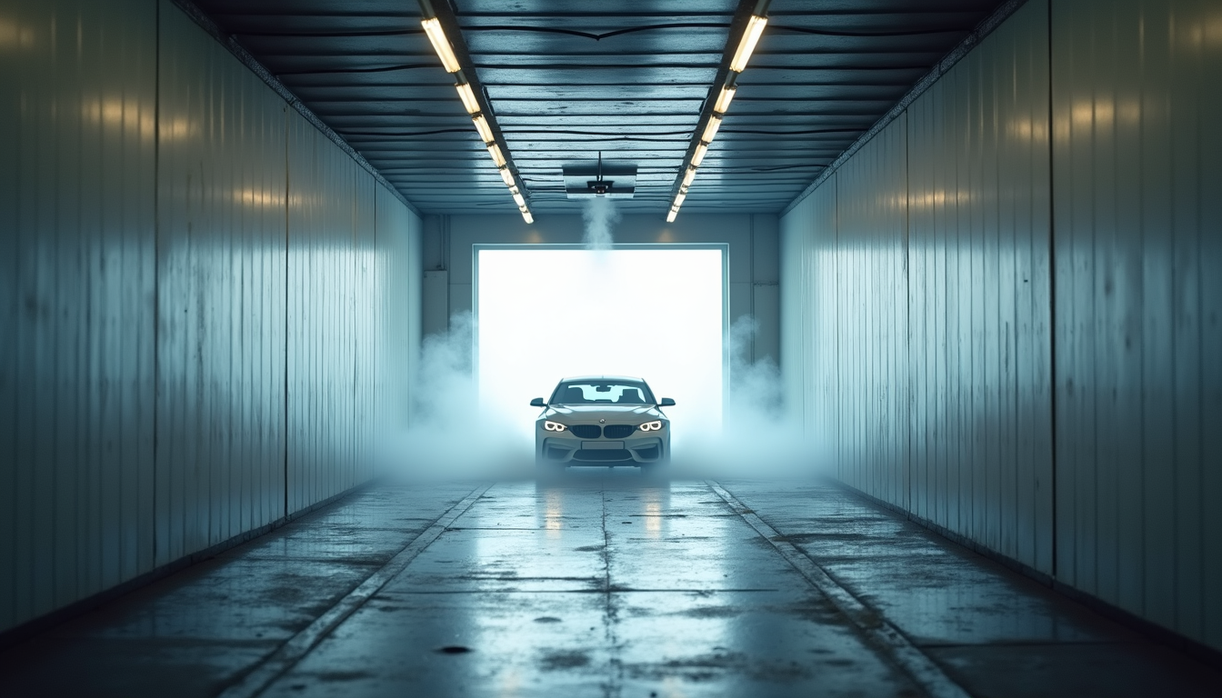 High angle view of a car wash tunnel with soft cloth brushes