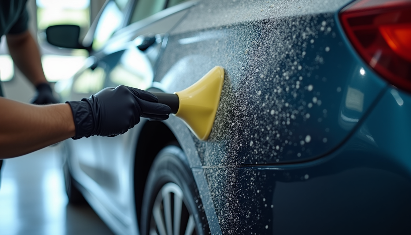 Close-up view of a professional car valeting service cleaning a car’s exterior