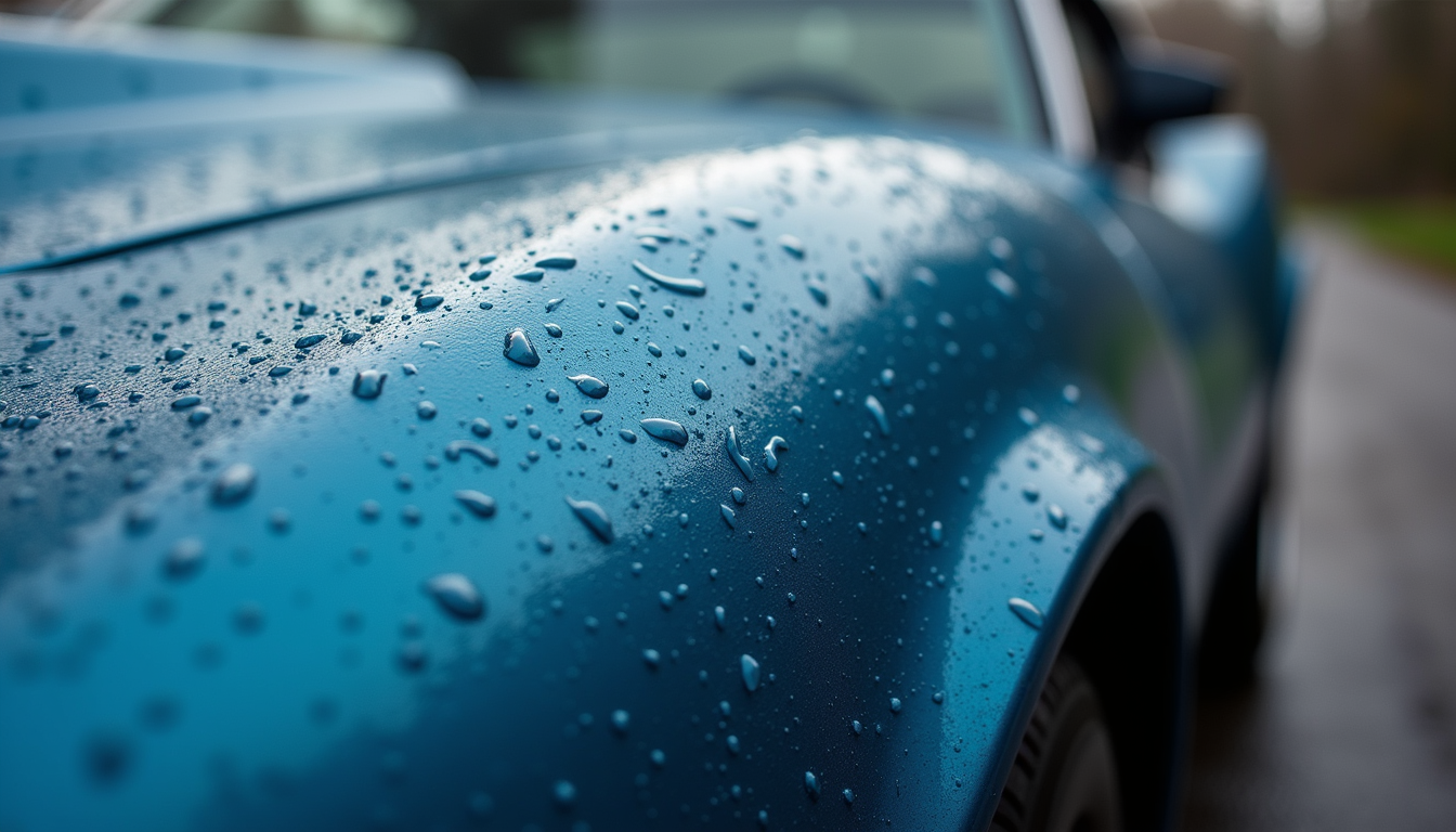 Close-up view of a ceramic-coated car surface with water beading