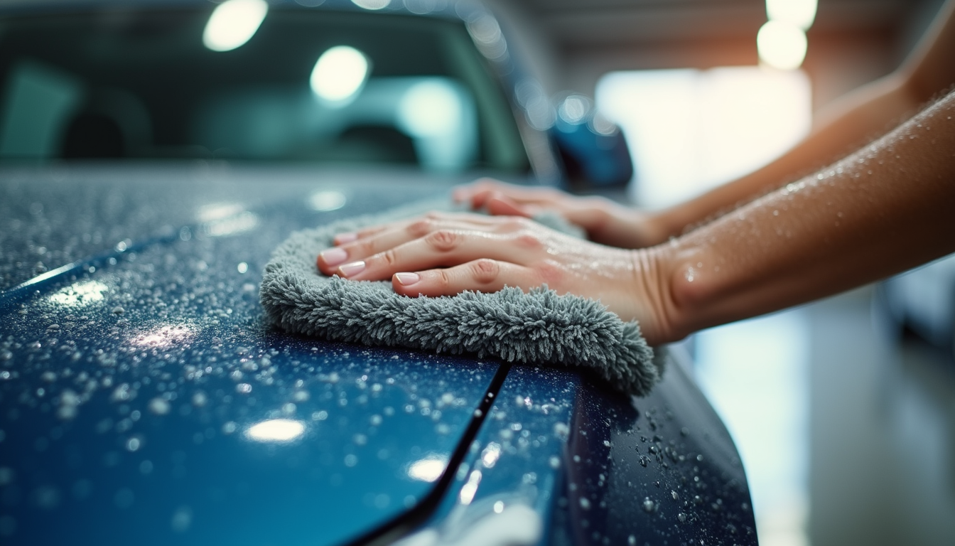 Eye-level view of a car being hand washed with a microfiber towel