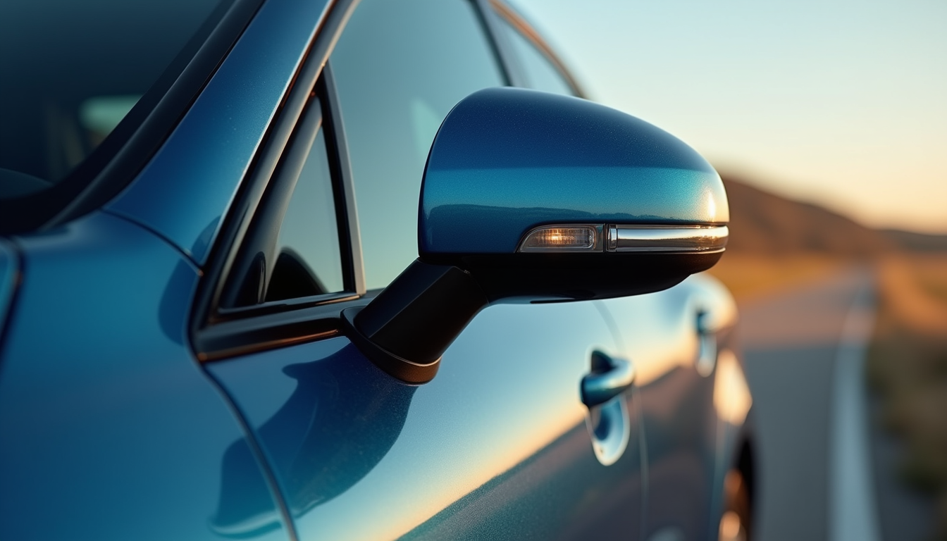 Eye-level view of a luxury car side mirror with paint protection film applied
